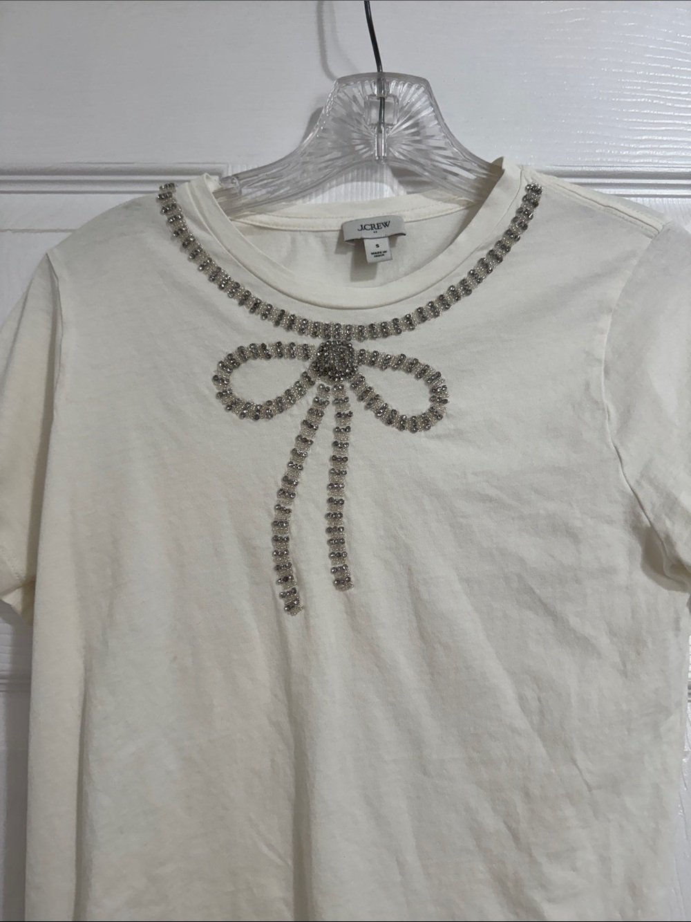 J. Crew Cream Short-Sleeve Tee with Rhinestone Bow Neckline